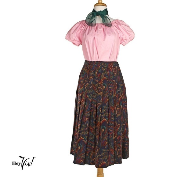 Vintage Pleated Skirt in Muted Earth Tones Made in Hong Kong - 8P - Hey Viv - Picture 1 of 5